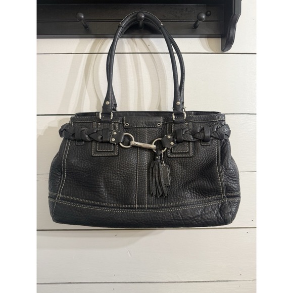 Coach Hampton F13087 Braided Trim Tassle Black‎ Pebble Leather